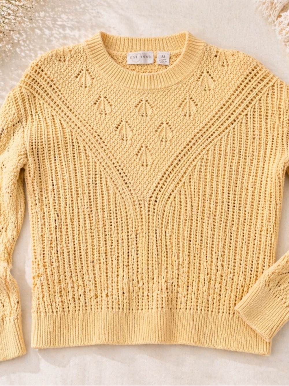 Est. 1946 Elegant Yellow Crochet Sweater for Women - Medium